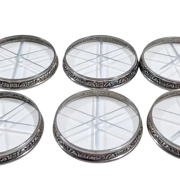 Vintage Sterling Silver Floral Rim Etched Glass Set Of 6 Coasters 164.44 grams - Picture 3 of 7